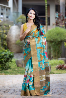 DHARMRAJ ENTERPRISE Digital Print Kalamkari Tussar Silk Saree(Yellow)