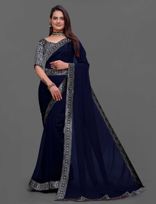 SOMVATI Embellished Bollywood Chiffon Saree(Dark Blue)
