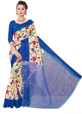 Grubstaker Floral Print Bandhani Art Silk Saree(Blue)