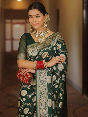 RASVRITI Printed Kanjivaram Pure Silk, Art Silk Saree(Green)