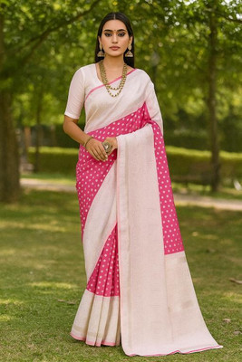 Suali Woven Kanjivaram Pure Silk Saree(White, Pink)