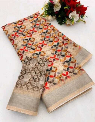 Bhagwati Creation Digital Print, Printed Daily Wear Cotton Linen Saree(Cream)