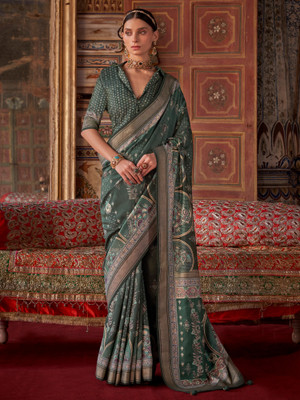 Sareemall Printed Bandhani Silk Blend Saree(Green)