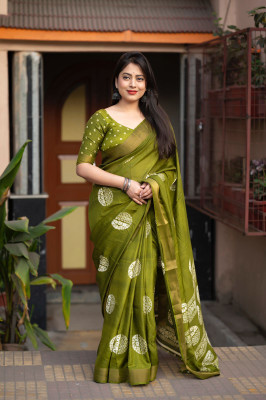 STAVA CREATION Printed Hand Batik Cotton Silk Saree(Green)