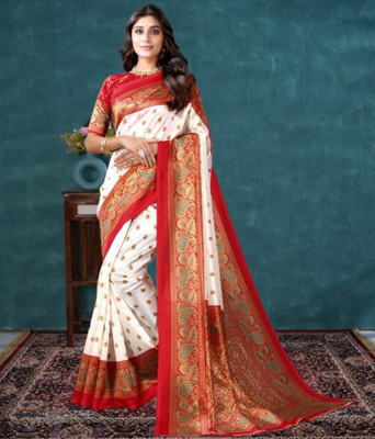 maayro Woven Banarasi Silk Blend Saree(Red, White)