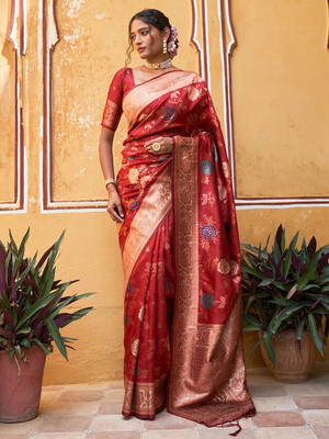 Janasya Woven, Self Design, Printed Banarasi Silk Blend Saree(Red)