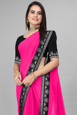 DHRAM CREATION Solid/Plain, Dyed, Floral Print, Self Design Bollywood Georgette Saree(Pink)