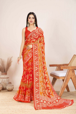 RekhaManiyar Printed Saree with Attached Blouse Brasso Saree(Orange)