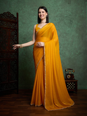 FluteFashion Self Design Bollywood Chiffon Saree(Yellow)