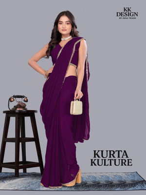 KURTAKULTURE Solid/Plain Daily Wear Georgette Saree(Purple)