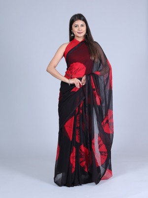 Lashiva Creation Checkered, Geometric Print, Printed, Striped, Woven Bandhani Chiffon Saree(Black, Red)