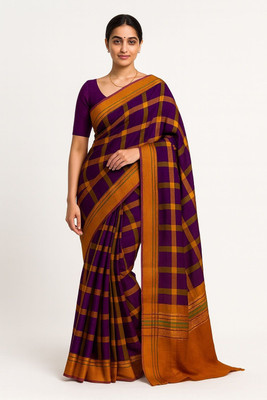 Trendlyy Clothing Checkered, Woven Ilkal Cotton Blend Saree(Purple, Mustard)