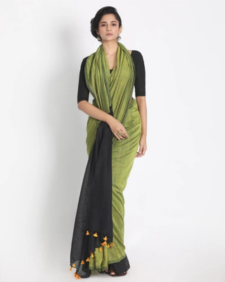 SRIJITA SAREE CENTER Color Block Handloom Cotton Silk Saree(Yellow)