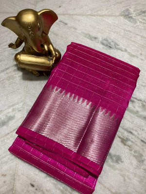 Zafreen Handloom Checkered, Woven Bhagalpuri Cotton Silk Saree(White)