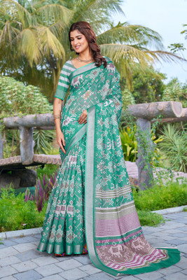 PHEASANT Digital Print Bollywood Cotton Linen Saree(Light Green)