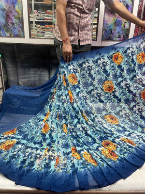 WILLMAKE Printed Bollywood Georgette Saree(Dark Blue)