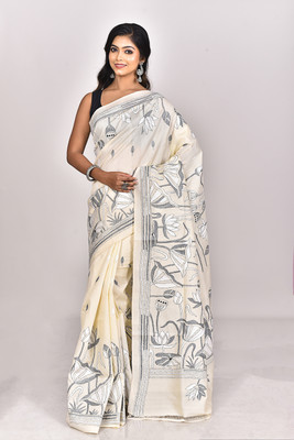 Ramshyam Collection Woven Kantha Pure Silk Saree(Cream)