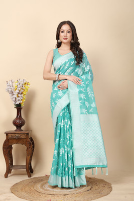 J6 Designers Woven Banarasi Art Silk, Jacquard Saree(Light Blue)
