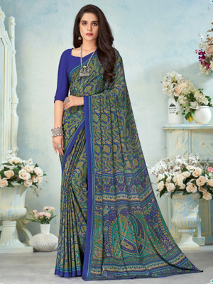 Divastri Printed Kalamkari Crepe Saree(Blue)