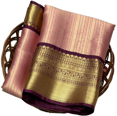 Haniya creation Woven Banarasi Art Silk Saree(Pink, Yellow)