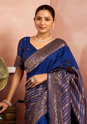 ROOP LAVANYA Woven Kanjivaram Cotton Silk, Jacquard Saree(Blue)