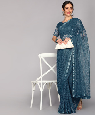LOROFY Embellished Bollywood Net Saree(Dark Blue)