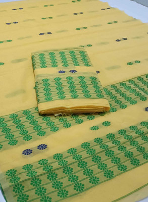 S P CREATION Woven Mekhela Chador Cotton Blend Saree(Yellow)