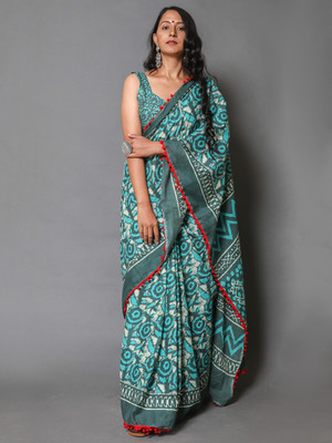 BUTA BUTI Printed Hand Batik Cotton Blend Saree(Light Green)