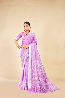 Ethnic Trendz Digital Print Saree with Attached Blouse Cotton Linen Saree(Purple)