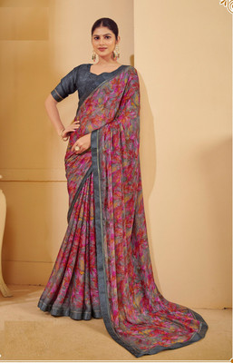 The Fashion Attire Floral Print Bollywood Chiffon Saree(Grey)