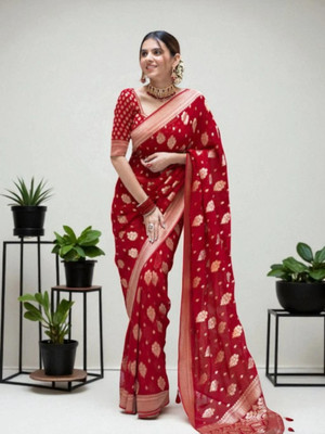Gaunki Creation Printed Banarasi Jacquard, Art Silk Saree(Red)