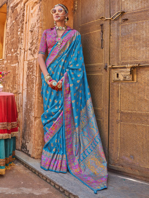 Sareemall Printed Kanjivaram Silk Blend Saree(Light Blue)