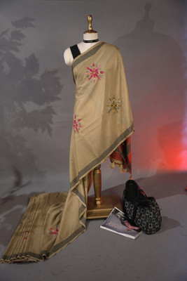 MIKHUBOUTIQUE Embroidered Daily Wear Cotton Blend Saree(Beige)
