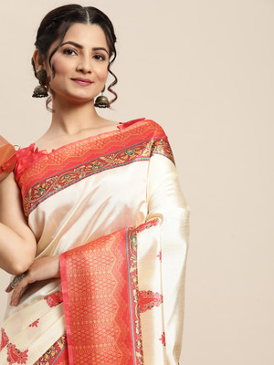 Sareemall Digital Print Sambalpuri Silk Blend Saree(White)