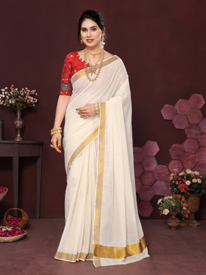 Gugaliya Solid/Plain Kasavu Pure Cotton Saree(Multicolor)