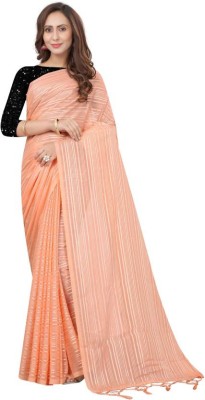 Jay Meldi Fashion Hub Striped, Applique, Embellished, Dyed, Geometric Print, Printed, Self Design, Solid/Plain, Woven Bollywood Georgette Saree(Orange)