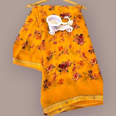 DVNCREATION Printed Bandhani Chiffon Saree(Yellow)