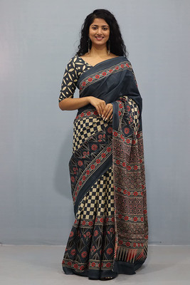 DASTKARPRINT Printed, Color Block, Blocked Printed, Floral Print, Dyed Daily Wear Pure Cotton Saree(Grey)