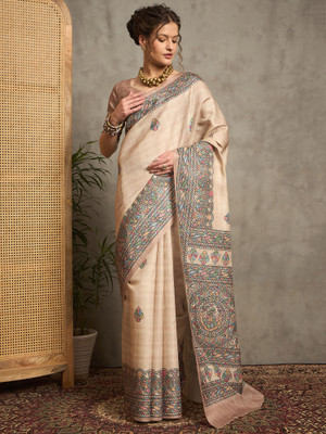 ANOUK Printed Daily Wear Silk Blend Saree(Beige)