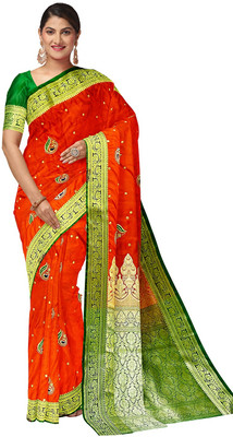 daniyal Printed Banarasi Pure Silk Saree(Red, Green)