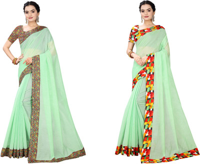 manish Solid/Plain Chanderi Cotton Blend Saree(Pack of 2, Light Green)