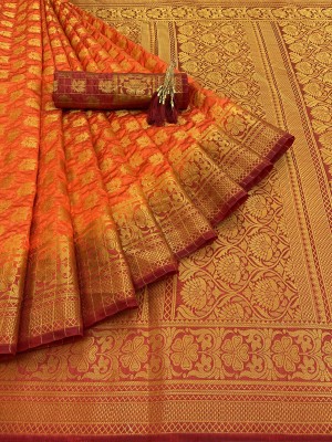 KanjiQueen Woven Banarasi Silk Blend Saree(Maroon, Orange)