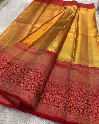 TriveniCreation Woven Banarasi Pure Silk Saree(Yellow)