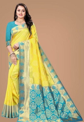 Miss Beelee Polka Print Banarasi Jacquard Saree(Yellow)
