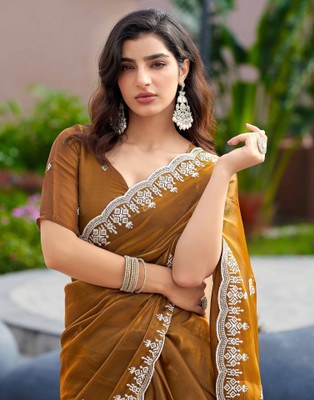 Satrani Embroidered, Embellished Bollywood Jimmy choo, Tissue Saree(Yellow)