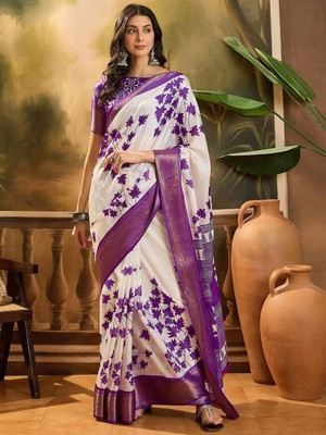 Soor Panchi Woven Kanjivaram Cotton Linen Saree(White, Purple)