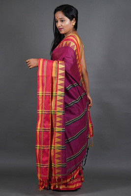AGAMONI Woven Handloom Cotton Blend Saree(Purple)
