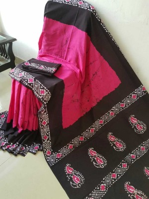 NIRD Floral Print, Color Block Daily Wear Pure Cotton Saree(Pink, Black)