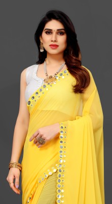 The Fashion Tax Embellished, Solid/Plain Banarasi Georgette Saree(Yellow)