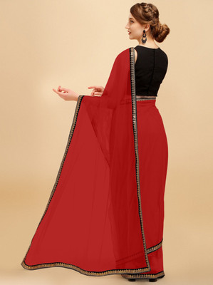 RE Renny Enterprise Solid/Plain Bollywood Net Saree(Red)